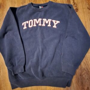 Vintage Tommy Hilfiger Navy Crewneck Sweatshirt with White and Red 'TOMMY' Logo